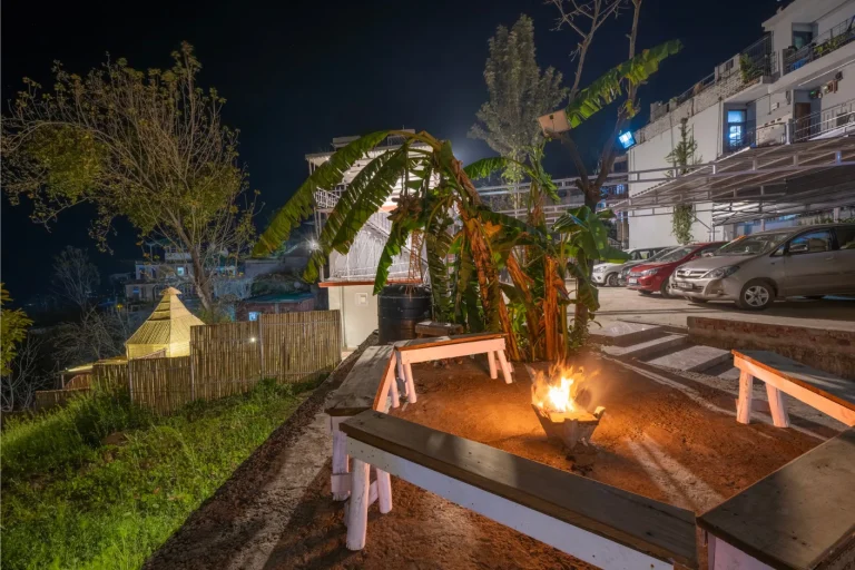 Cozy bonfire setup at FarmVille luxury villa in Kasauli, perfect for family gatherings and relaxation amidst nature