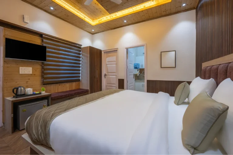 Premium suite TV corner and modern amenities at Farmville Resort in the hills of Kasauli.