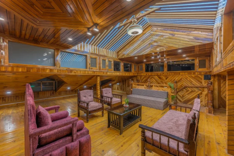 Luxury wooden lounge at villa in Kasauli for a perfect hillside retreat.